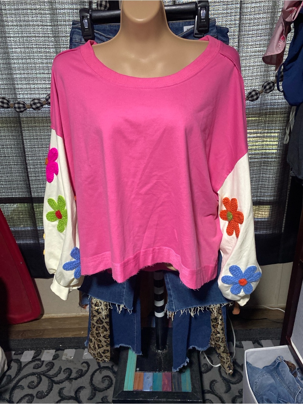 BiBi Hot Pink Pullover with Embroidered Floral Sleeves